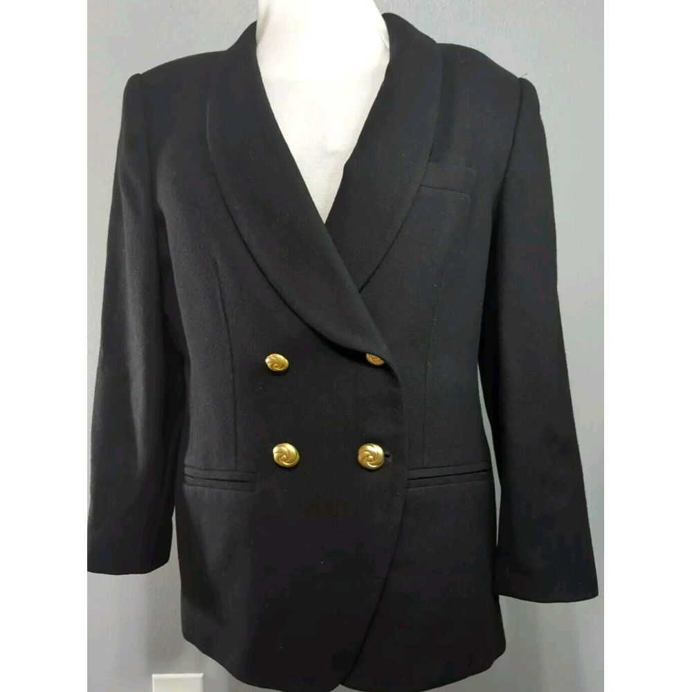 OLEG CASSINI Vintage Women's Black Wool Blazer With Gold Buttons Size 14 Petite